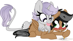Size: 1024x581 | Tagged: safe, artist:kellythedrawinguni, oc, oc only, oc:artsong, oc:thespia, pegasus, pony, blushing, chibi, drawing, female, mare, pencil, prone, simple background, tongue out, transparent background, unshorn fetlocks