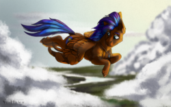 Size: 1280x798 | Tagged: safe, artist:marinavermilion, oc, oc only, oc:nimble wing, pegasus, pony, cheek fluff, chest fluff, cloud, flying, jewelry, looking down, male, necklace, river, sky, solo, spread wings, unshorn fetlocks, wings