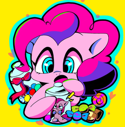 Size: 1258x1280 | Tagged: safe, artist:asg, pinkie pie, earth pony, pony, g4, candy, cookie, cookie jar, female, food, lollipop, mare, pinkamena diane pie, simple background, solo, yellow background