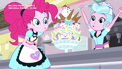 Size: 1280x720 | Tagged: safe, screencap, pinkie pie, sunny sugarsocks, equestria girls, g4, my little pony equestria girls: better together, pinkie pie: snack psychic, banana, cherry, dessert, excited, food, hands up, ice cream, ice cream cone, plate, server pinkie pie, spoon, sweet snacks cafe