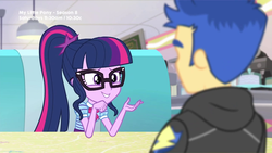 Size: 1280x720 | Tagged: safe, screencap, flash sentry, sci-twi, twilight sparkle, equestria girls, g4, my little pony equestria girls: better together, pinkie pie: snack psychic, cute, glasses, just friends, lamp, ponytail, sweet snacks cafe, table