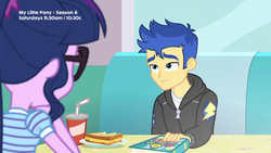 Size: 1280x720 | Tagged: safe, screencap, flash sentry, sci-twi, twilight sparkle, equestria girls, g4, my little pony equestria girls: better together, book, cheese, food, glasses, grilled cheese, just friends, math, ponytail, soda, table