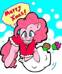 Size: 768x910 | Tagged: safe, artist:asg, pinkie pie, earth pony, pony, g4, bag, christmas, clothes, costume, cupcake, female, food, holiday, looking at you, mare, santa costume, solo
