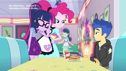 Size: 1280x720 | Tagged: safe, screencap, bon bon, flash sentry, pinkie pie, sci-twi, sweetie drops, twilight sparkle, equestria girls, g4, my little pony equestria girls: better together, pinkie pie: snack psychic, apron, ashamed, cheese, clothes, food, glasses, grilled cheese, jukebox, ponytail, sci-twi skirt, server pinkie pie, skirt, soda, sweet snacks cafe, table, waitress