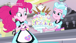 Size: 1280x720 | Tagged: safe, screencap, pinkie pie, sunny sugarsocks, equestria girls, g4, my little pony equestria girls: better together, pinkie pie: snack psychic, apron, banana, cherry, clothes, excited, food, happy, ice cream, ice cream cone, plate, server pinkie pie, sweet snacks cafe, waitress