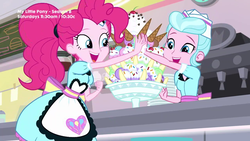 Size: 1280x720 | Tagged: safe, screencap, pinkie pie, sunny sugarsocks, equestria girls, g4, my little pony equestria girls: better together, pinkie pie: snack psychic, apron, banana, cherry, clothes, cute, dessert, diapinkes, excited, food, happy, high five, ice cream, ice cream cone, plate, server pinkie pie, sweet snacks cafe, waitress