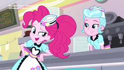 Size: 1280x720 | Tagged: safe, screencap, pinkie pie, sunny sugarsocks, equestria girls, g4, my little pony equestria girls: better together, pinkie pie: snack psychic, apron, clothes, cute, diapinkes, duo, duo female, female, plate, server pinkie pie, sweet snacks cafe, waitress