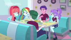 Size: 1280x720 | Tagged: safe, screencap, crystal lullaby, marco dafoy, melon mint, peacock plume, rainbow dash, equestria girls, g4, my little pony equestria girls: better together, pinkie pie: snack psychic, background human, chips, female, food, nachos, soup, sports outfit, sports shorts, sweet snacks cafe, table