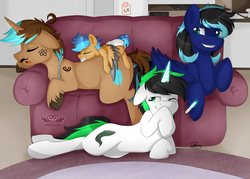 Size: 1023x731 | Tagged: safe, artist:lionbun, oc, oc:dreamscratch, oc:lightning blaze, oc:saphire, oc:twister, pegasus, pony, unicorn, couch, diaper, face paint, family, female, filly, foal, funny, living room, paint, rule 63, twins