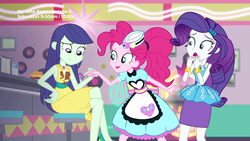 Size: 1280x720 | Tagged: safe, screencap, blueberry cake, pinkie pie, rarity, equestria girls, g4, my little pony equestria girls: better together, pinkie pie: snack psychic, apron, burger, clothes, crossed legs, dress, food, hamburger, jukebox, pointing, puffy sleeves, server pinkie pie, shocked, skirt, stain, stool, sweet snacks cafe, waitress