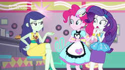 Size: 1280x720 | Tagged: safe, screencap, blueberry cake, pinkie pie, rarity, equestria girls, equestria girls series, g4, pinkie pie: snack psychic, apron, background human, burger, clothes, confused, crossed legs, dress, food, hamburger, happy, jukebox, puffy sleeves, server pinkie pie, shocked, skirt, stain, stool, sweet snacks cafe, waitress