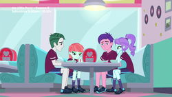Size: 1280x720 | Tagged: safe, screencap, crystal lullaby, marco dafoy, melon mint, peacock plume, equestria girls, g4, my little pony equestria girls: better together, pinkie pie: snack psychic, background human, lamp, sad, sports outfit, sports shorts, sweet snacks cafe, table