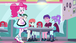 Size: 1280x720 | Tagged: safe, screencap, crystal lullaby, marco dafoy, melon mint, peacock plume, pinkie pie, equestria girls, g4, my little pony equestria girls: better together, pinkie pie: snack psychic, apron, clothes, diner, lamp, roller skates, sad, server pinkie pie, shoes, sneakers, sports outfit, sports shorts, sweet snacks cafe, table, waitress