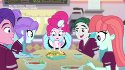 Size: 1280x720 | Tagged: safe, screencap, crystal lullaby, marco dafoy, melon mint, peacock plume, pinkie pie, equestria girls, g4, my little pony equestria girls: better together, pinkie pie: snack psychic, background human, chips, excited, food, happy, looking at something, nachos, server pinkie pie, soup, sports outfit, sweet snacks cafe, table