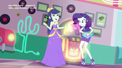Size: 1280x720 | Tagged: safe, screencap, blueberry cake, rarity, equestria girls, g4, my little pony equestria girls: better together, pinkie pie: snack psychic, background human, cactus, clothes, dress, glitter, happy, high heels, jukebox, rarity peplum dress, shoes, skirt, sweet snacks cafe