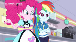 Size: 1280x720 | Tagged: safe, screencap, pinkie pie, rainbow dash, equestria girls, g4, my little pony equestria girls: better together, pinkie pie: snack psychic, apron, clock, clothes, condiments, crossed arms, female, happy, server pinkie pie, smug, sweet snacks cafe