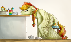 Size: 4600x2736 | Tagged: safe, artist:gaelledragons, oc, oc only, pegasus, pony, book, braid, crumpled, dock, doctor who, female, floppy ears, mare, paper, pen, pencil, plushie, sitting, solo, sonic screwdriver, vent art
