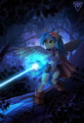 Size: 820x1200 | Tagged: safe, artist:margony, oc, oc only, oc:key turner, pegasus, pony, bipedal, boots, cape, clothes, femboy, forest, magic, male, night, pegasus magic, shoes, stallion, ych result
