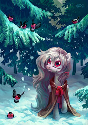Size: 2893x4092 | Tagged: dead source, safe, artist:holivi, oc, oc only, bird, bullfinch, pegasus, pony, g4, winter wrap up, cloak, clothes, commission, elsa, female, frozen (movie), mare, pine tree, red eyes, scenery, snow, solo, tree, winter