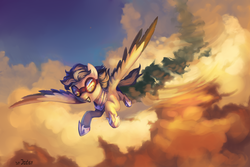 Size: 3000x2000 | Tagged: safe, artist:jedayskayvoker, oc, oc only, pegasus, pony, cloud, female, flying, goggles, high res, mare, smoke, solo, spread wings, wings, ych result