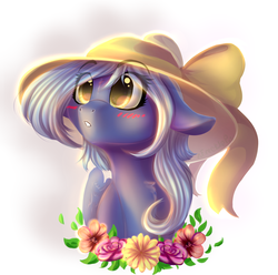 Size: 1024x1014 | Tagged: dead source, safe, artist:freckleplant, oc, oc only, pegasus, pony, abstract background, blushing, bust, chest fluff, cottagecore, eye clipping through hair, female, floppy ears, flower, hat, mare, portrait, solo, sun hat, ych result