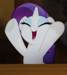 Size: 495x553 | Tagged: safe, screencap, rarity, pony, unicorn, g4, my little pony: the movie, cropped, cute, eyes closed, female, happy, hooves up, mare, open mouth, raribetes, solo, time to be awesome