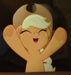 Size: 511x546 | Tagged: safe, screencap, applejack, earth pony, pony, g4, my little pony: the movie, adorable face, cowboy hat, cowgirl, cropped, cute, eyes closed, female, happlejack, happy, hat, jackabetes, mare, smiling, solo
