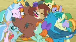 Size: 902x508 | Tagged: safe, screencap, auburn vision, berry blend, berry bliss, citrine spark, gallus, huckleberry, ocellus, peppermint goldylinks, sandbar, silverstream, smolder, yona, changedling, changeling, classical hippogriff, earth pony, griffon, hippogriff, pony, yak, g4, school daze, animated, butt, cute, friendship student, male, monkey swings, plot, stage dive, stallion, student six, yonadorable