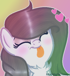 Size: 346x376 | Tagged: safe, artist:thatonefluffs, oc, oc only, :p, bust, chest fluff, cute, eyes closed, fluffy, gradient background, heart, ponysona, portrait, signature, silly, solo, tongue out