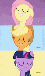 Size: 260x439 | Tagged: safe, edit, screencap, applejack, fluttershy, pinkie pie, rainbow dash, rarity, twilight sparkle, alicorn, pony, fame and misfortune, g4, animated, best friends, book, comparison, discovery family logo, female, flawless, friendshipping, gif, glomp, logo, looking at each other, looking at you, magic, making faces, mane six, nerd pony, reading, singing, song, tackle, twilight sparkle (alicorn)