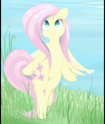 Size: 400x470 | Tagged: safe, artist:posionjoke, fluttershy, pegasus, pony, g4, animated, bipedal, colored pupils, cute, female, gif, grass, looking at you, mare, shyabetes, solo, spread wings, windswept mane, wings