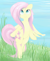 Size: 667x800 | Tagged: safe, artist:posionjoke, fluttershy, pegasus, pony, g4, animated, bipedal, cute, female, gif, grass, mare, shyabetes, smiling, solo, spread wings, wings