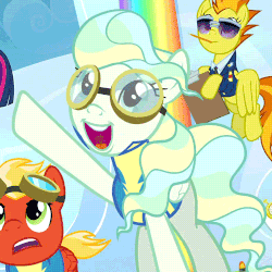 Size: 500x500 | Tagged: safe, screencap, short fuse, spitfire, vapor trail, pegasus, pony, g4, top bolt, animated, cheering, clothes, cropped, female, gif, goggles, male, mare, offscreen character, slow motion, solo focus, stallion, uniform, wonderbolt trainee uniform