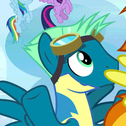 Size: 500x500 | Tagged: safe, screencap, rainbow dash, sky stinger, spitfire, twilight sparkle, alicorn, pegasus, pony, g4, top bolt, animated, cheering, clothes, cropped, flying, gif, goggles, male, sheepish grin, solo focus, stallion, twilight sparkle (alicorn), uniform, wonderbolt trainee uniform