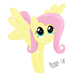 Size: 5000x5000 | Tagged: safe, artist:arcane-thunder, fluttershy, pegasus, pony, g4, absurd resolution, cute, digital art, female, flying, looking away, looking up, mare, shyabetes, signature, simple background, smiling, solo, spread wings, transparent background, wings