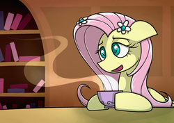 Size: 1754x1240 | Tagged: safe, artist:rambopvp, fluttershy, pegasus, pony, bust, colored pupils, cup, enjoying, female, flower, flower in hair, folded wings, food, hoof hold, indoors, mare, open mouth, portrait, solo, table, tea, teacup
