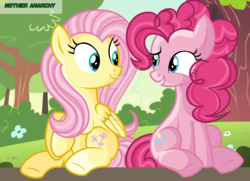 Size: 1280x928 | Tagged: safe, artist:m0theranarchy, fluttershy, pinkie pie, earth pony, pegasus, pony, g4, duo, female, folded wings, looking at each other, mare, outdoors, sitting, smiling, turned head, watermark
