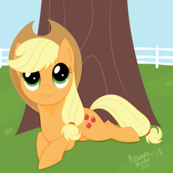 Size: 5000x5000 | Tagged: safe, artist:arcane-thunder, applejack, earth pony, pony, g4, absurd resolution, digital art, female, fence, looking up, mare, prone, signature, smiling, solo, tree, under the tree