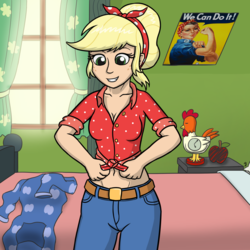 Size: 1280x1280 | Tagged: safe, artist:mkogwheel, applejack, human, equestria girls, five to nine, g4, my little pony equestria girls: better together, applejack's bedroom, bed, belly button, clothes, daisy dukes, female, freckles, front knot midriff, humanized, midriff, pajamas, rosie the riveter, shorts, solo, we can do it!