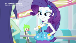 Size: 1920x1080 | Tagged: safe, screencap, blueberry cake, cherry crash, rarity, equestria girls, g4, my little pony equestria girls: better together, pinkie pie: snack psychic, bracelet, female, jewelry, rarity peplum dress, smiling, sweet snacks cafe, table