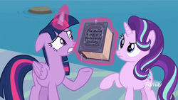 Size: 1620x912 | Tagged: safe, edit, edited screencap, screencap, starlight glimmer, twilight sparkle, alicorn, pony, unicorn, g4, school daze, book, duo, eea rulebook, raised eyebrow, twilight sparkle (alicorn), water