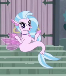 Size: 225x257 | Tagged: safe, screencap, silverstream, seapony (g4), g4, school daze, cropped, cute, diastreamies, female, looking at you, meme origin, seapony silverstream, shrug, sitting, smiling, solo, stairs, that hippogriff sure does love stairs