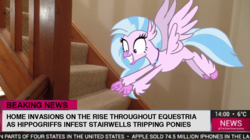 Size: 1024x575 | Tagged: safe, silverstream, classical hippogriff, hippogriff, pony, g4, school daze, diastreamies, eyes on the prize, fake news, female, flying, irl, leg fluff, looking at something, news, photo, pointing, ponies in real life, spread wings, squee, stairs, that hippogriff sure does love stairs, wings