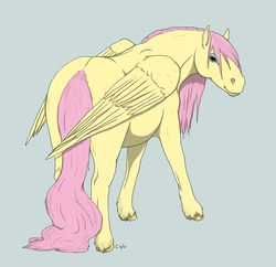 Size: 1182x1142 | Tagged: artist needed, source needed, safe, fluttershy, pegasus, pony, g4, female, gray background, hoers, long tail, rear view, simple background, solo, unshorn fetlocks