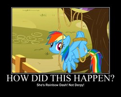 Size: 750x600 | Tagged: safe, artist:crossoverprincess, edit, edited screencap, screencap, rainbow dash, pegasus, pony, g4, female, motivational poster, rope, solo, tied up, tree