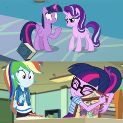 Size: 2048x2048 | Tagged: safe, screencap, rainbow dash, sci-twi, starlight glimmer, twilight sparkle, alicorn, pony, unicorn, equestria girls, g4, my little pony equestria girls: better together, school daze, the last day of school, book, eea rulebook, female, geode of super speed, high res, magical geodes, slap, spread wings, that girl sure does love books, twilight sparkle (alicorn), water, wings