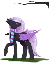 Size: 1280x1667 | Tagged: safe, artist:cupofvanillatea, oc, oc only, oc:spring night, pegasus, pony, clothes, female, mare, raised hoof, scarf, simple background, solo, tree, two toned wings, white background