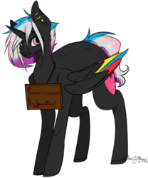 Size: 547x656 | Tagged: safe, artist:ohflaming-rainbow, oc, oc only, oc:flaming rainbow, alicorn, pony, colored wings, female, mare, multicolored wings, sign, simple background, solo, transparent background