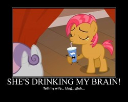 Size: 750x600 | Tagged: safe, artist:crossoverprincess, edit, edited screencap, screencap, babs seed, sweetie belle, earth pony, pony, g4, one bad apple, season 3, caption, drink, drinking, female, filly, motivational poster, soda, straw