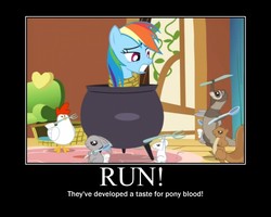 Size: 750x600 | Tagged: safe, edit, edited screencap, screencap, rainbow dash, chicken, mouse, otter, pony, rabbit, squirrel, g4, magical mystery cure, cauldron, female, mare, motivational poster, peril, person as food, rope, tied up